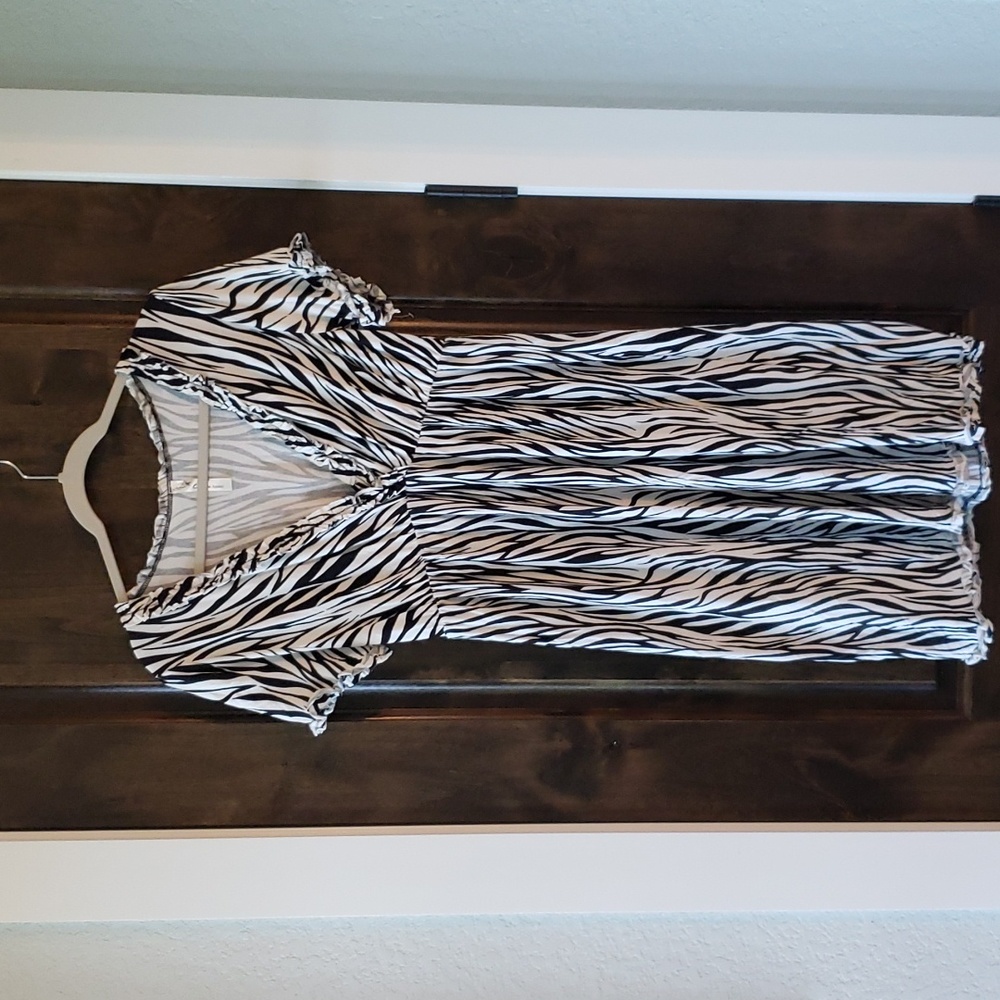 Western Zebra Animal Print Ruffled Trim Flowy Crossover Wrap Babydoll Dress